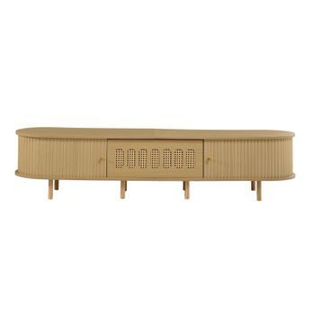 Mueble De Tv De 180 Cm Para 75 Pulgadas, Madera Clara Y Diseño De Ratán