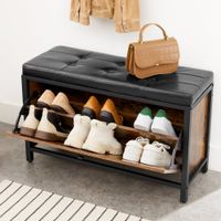 banco zapatero tapizado con cajon de acero marron y negro