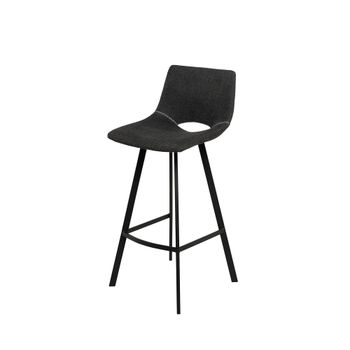 Taburete alto con tapizado gris oscuro y patas negras.