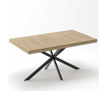 Mesa de comedor extensible 140-180 cm - estilo retro, almacenamiento oculto, placa central en relieve - natural