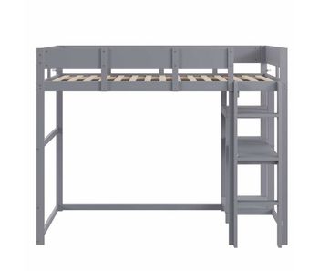 Cama alta 90x200 cm - estructura de madera maciza de pino con estantería y somier, para niños y adolescentes - gris