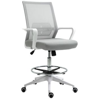Vinsetto Silla de oficina de asiento alto ajustable 64x59x104-124 cm taburete de oficina giratorio 360° malla transpirable Grisy Blanco   Aosom España
