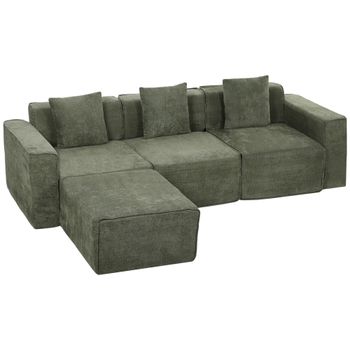 HOMCOM Sofá 3 plazas con puf reversible, sofá en L modular de chenilla 251 cm moderno, asiento amplio, verde