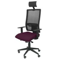 silla de oficina ergonomica con mecanismo sincro y regulable en altura  respaldo alto de malla transpirable con cabecero y asiento tapizado en tejido bali color morado con cabecero incluido piqueras y crespo modelo horna