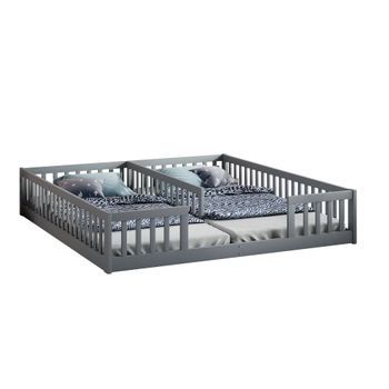 Cama Infantil, 90x200 Cm, Barandilla De Seguridad, Somier De Láminas, Madera De Pino, Color Gris, Sin Colchón.