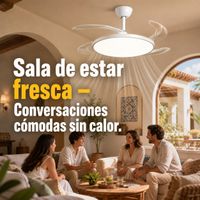 ventilador de techo con luz led regulable 50x50cm 48w aspas retractiles invisibles silencioso mando a distancia temporizador 124h 3 velocidades diseno blanco moderno ip20 bajo consumo compatible