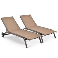 costway juego de 2 tumbonas con ruedas tejido secado rapido respaldo reclinable 6 posiciones para exterior piscina patio jardin marron