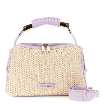 bolso de rafia con solapa y ribete efecto piel en contraste cream/lilac