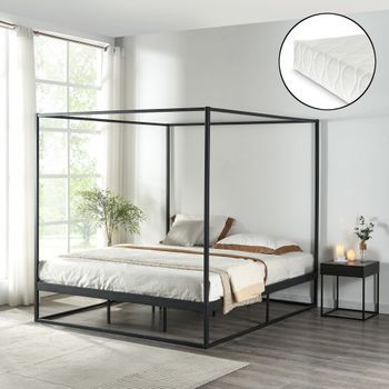 Cama Con Baldaquín Kristianstad Para Dosel + Colchón Metal 160x200cm - Negro [en.casa]