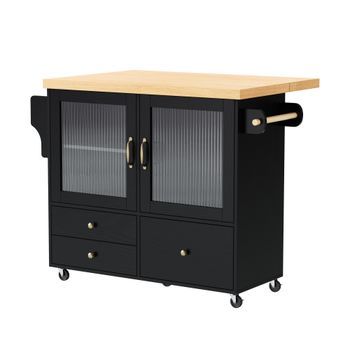 Isla De Cocina Móvil - Mesa De Comedor Extensible - Carrito De Cocina Con Portavasos - Negro