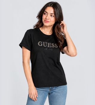Guess para mujer. W6BI22K6042 Camiseta leopardo con logo lurex negro (S), Casual, Algodón, Manga corta