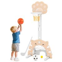 costway canasta de baloncesto 3 en 1 ajustable en altura con juegos de futbol y golf para ninos de 3 anos 65 x 49 x 130-151 cm caqui
