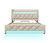 cama doble 140x200 - cabecero con almacenamiento usb y puerto tipo c led 360 y canape hidraulico - beige