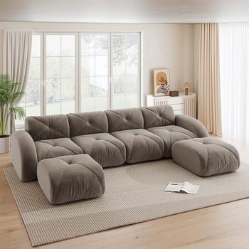 Sofá Modular En U Sin Marco 4 Plazas + 2 Pufs, Tejido Cómodo Antideslizante, Montaje No Requerido, Marrón