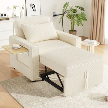 Canapé-lit Individual Convertible Con Usb Y Soporte Para Teléfono, Terciopelo De Canalé Beige, Ahorro De Espacio Para Salón Y Dormitorio