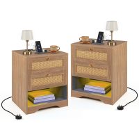 costway mesita de noche roble juego de 2 unidades 7 espacios con luz led tomas usb c carga segura resistente 50 x 40 x 60 cm roble