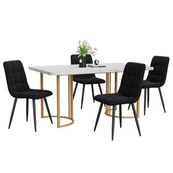 Juego De Comedor De 5 Piezas: Mesa Y 4 Sillas De Terciopelo - Mesa De Cocina - Madera - Blanco