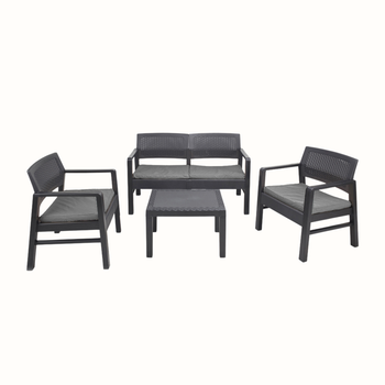 Conjunto De Jardín 2 Sillones + Sofá 2 Plazas + 4 Cojines + Mesa Auxiliar De Polipropileno Kilimanjaro - Ipae Progarden. Antracita