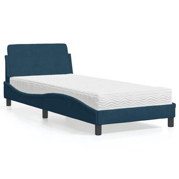 Cama Individual | Cama Para Adultos | Cama Con Colchón Terciopelo Azul 90x190 Cm