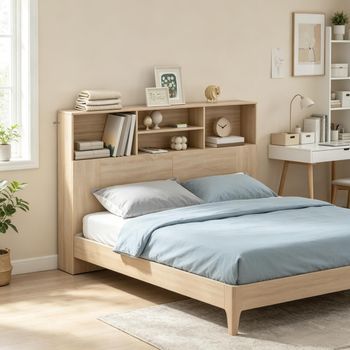 Cabecero Para Cama De 140 Cm Con Cuatro Compartimentos, Madera Natural