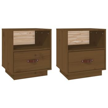 Pack 2 Uds Mesitas De Noche | Mesa Auxiliar | Mesilla Madera De Pino Marrón Miel 40x34x45 Cm