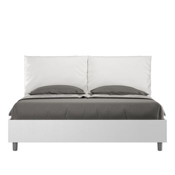 Cama Doble Con Almacenaje, Doble Elevación, 160x200 Cm, Madera De Fresno Blanco, Cojines De Piel Sintética Blanca, Egos Antea