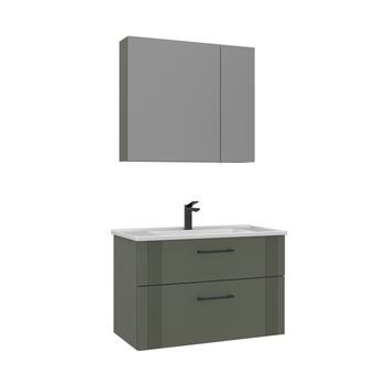Conjunto De Mueble Con Lavabo Y Espejo (2 Piezas)  - 85 X 45 X 55 Cm - Verde Mate