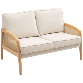 HOMCOM Sofá de 2 Plazas Tapizado en Chenilla con 2 Almohadas Lavables y Reposabrazos de Ratán Sintético 123x75x88 cm Beige