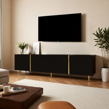 Mueble de tv lacado en negro con 4 puertas y detalles dorados