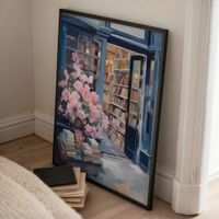 cuadro libreria azul marco negro 50x70 cm