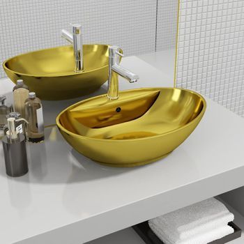 Lavabo De Baño Moderno | Lavabo Con Rebosadero 58,5x39x21 Cm Cerámica Dorado Cfw19579