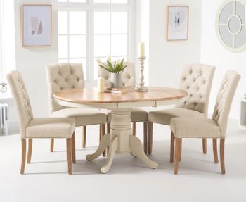 Epsom Oak and Cream Painted Pedestal Extending Dining Table with Claudia Cream Fabric Dining Chairs - Cream, 4 Chairs