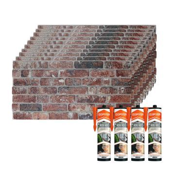 Set De 10 Paneles Decorativos Efecto Ladrillo Rústico En Eps + 4 Botes De Adhesivo De Montaje