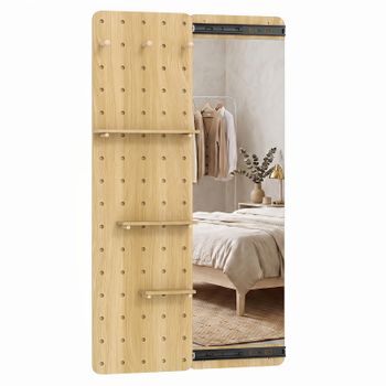 Costway Espejo de Cuerpo Entero con Panel de Tablero de Agujero Deslizante con Riel para Almacenaje Práctico Madera Natural 80 x 14 x 140 cm Natural