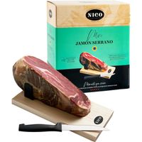 nico jamones - pack de jamon serrano deshuesado mini jamon serrano con kit de mini jamonero y cuchillo aprox 1 kg curacion de mas de 12 meses autentico serrano