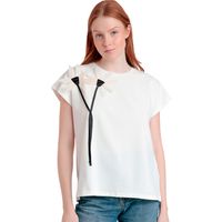 admas camiseta camiseta de manga corta flor aplicada para mujer