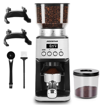 Aigostar Molinillo de Café Eléctrico, 52 Ajustes de Molido Molinillo Café de Cono, Grinder Electrico Para Café Espresso, Moledor Profesional con Pantalla Lcd Digital Precisa, Acero inoxidable, Plata