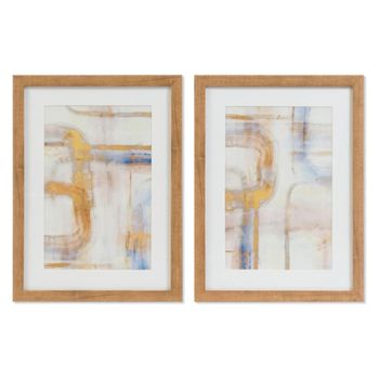 Lote de 2 cuadros abstractos marco símil madera dorado y azul 40x30 cm