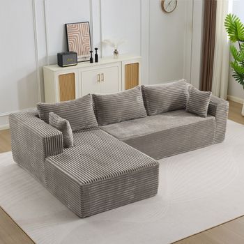 Canapé De Esquina Modular Convertible En Cama Con Chaise Longue, Asiento Profundo, Terciopelo Acanalado Gris