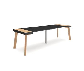 Mesa consola extensible, mesa comedor plegable, 262x90x73cm, para 12 comensales, patas de madera, estilo moderno, roble y negro