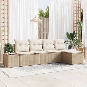 Juego De Sofá De Jardín De 5 Piezas Con Cojines Beige Poliratán V6070 Unico / Beige