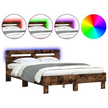 Estructura De Cama Cabecero Y Luces Led Roble Ahumado 120x190cm Vidaxl