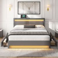 cama doble 140x200 gris cuero sintetico led carga inalambricacable 4 cajones sin colchon
