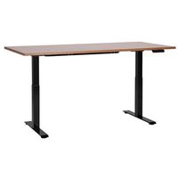 escritorio de altura regulable electrico oficina moderna patas cuadradas 160 x 72 cm tablero madera oscura soporte de acero negro destines