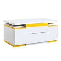 mesa de centro elevable y plegable blanca y amarilla con 4 taburetes de almacenaje