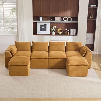 Canapé Modular De 4 Plazas Con 2 Poufs, Cojines, Portavasos, Bolsillos Laterales, Espuma/muelles, Combinable, Pana Naranja