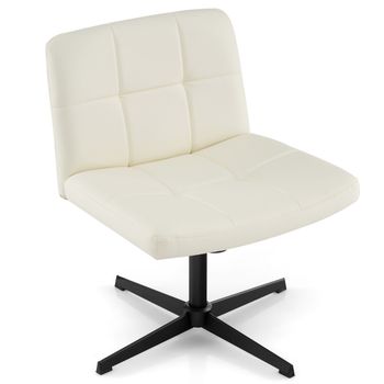 Costway Silla Giratoria de Oficina con Patas Cruzadas Tapizada en Cuero de PU Asiento en Forma de U Altura Ajustable sin Brazos sin Ruedas