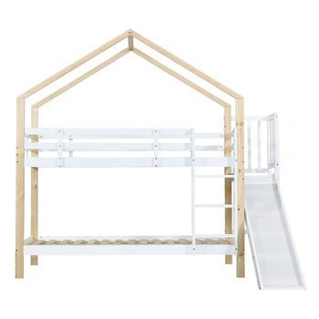 Litera Con Tobogán Y Escalera - Estructura De Madera Maciza - 90x200 Cm - Blanco