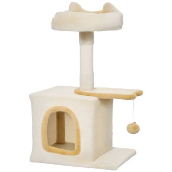 PawHut Árbol rascador para gatos con posadero y caseta, en madera, peluche y sisal, 40x30x72 cm, Beige y Amarillo   Aosom España