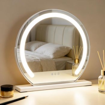 Espejo De Maquillaje Led Nettlife Hollywood De 40x35 Cm - Espejo De Tocador De Sobremesa Táctil Y Regulable, 3 Modos De Luz, Blanco Moderno
